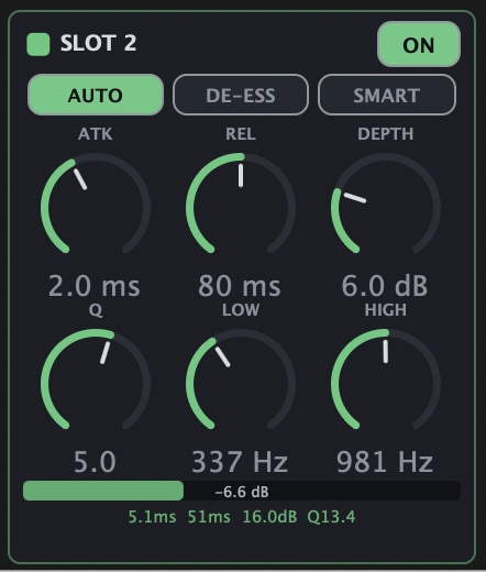 An IA De-Esser slot in Auto mode, with Low set to 337 Hz and High to 981 Hz