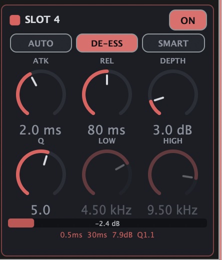 An IA De-Esser slot in De-Ess mode with Low and High grayed out, cutting 2.4 dB