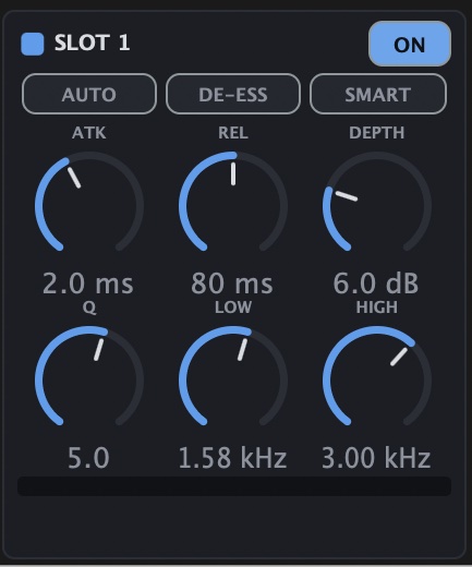 A single IA De-Esser slot: ON switch, the Auto, De-Ess and Smart buttons, and the Atk, Rel, Depth, Q, Low and High knobs