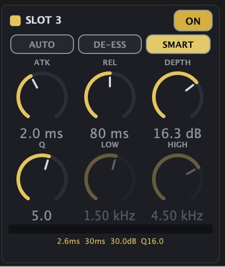 An IA De-Esser slot in Smart mode, with a live readout of 2.6 ms attack, 30 ms release, 30 dB of depth and a Q of 16