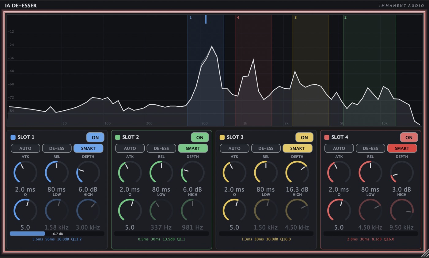IA De-Esser with all four slots in Smart mode, spread across four separate trouble spots on the analyzer