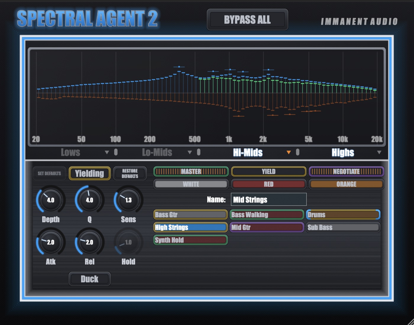 The full Spectral Agent 2 interface: analyzer on top, band strip beneath it, and the control panel, group buttons and track list below