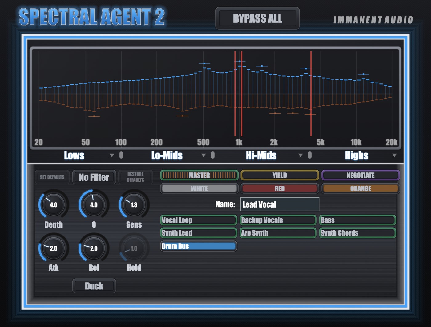 The Spectral Agent 2 analyzer with Lead Vocal above the centre line, Drum Bus below it, and red vertical lines marking the collisions