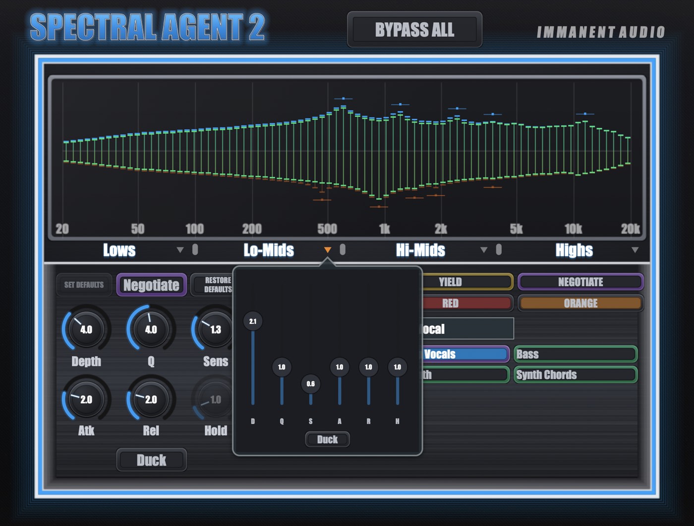 The Lo-Mids band panel open in Spectral Agent 2, showing the D, Q, S, A, R and H sliders and a Duck button