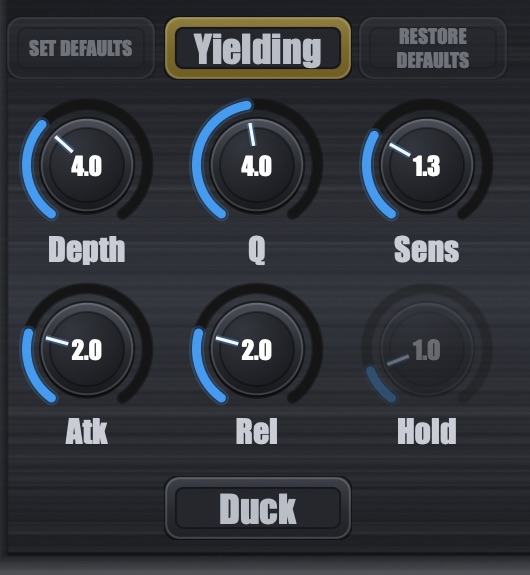 The Spectral Agent 2 control panel: the mode button reading Yielding, the Depth, Q, Sens, Atk, Rel and Hold knobs, and the Duck button