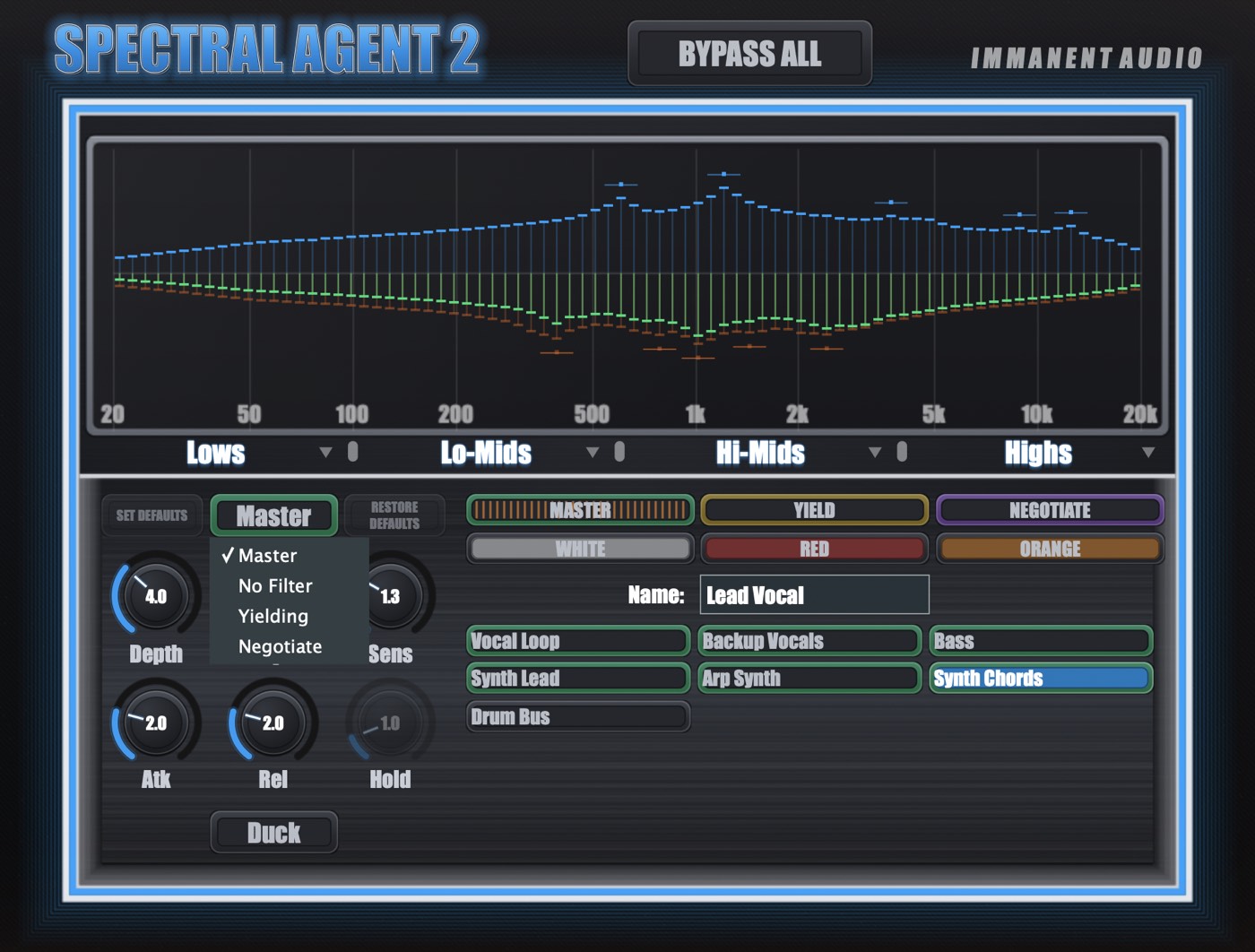 The Spectral Agent 2 mode dropdown open, showing Master, No Filter, Yielding and Negotiate