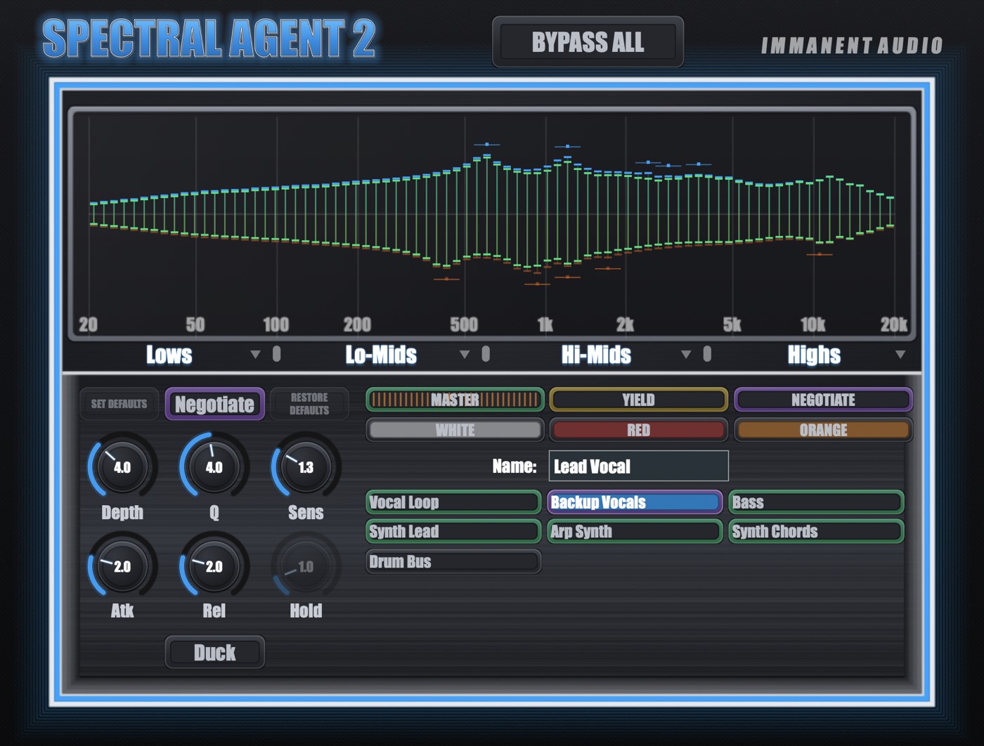 Spectral Agent 2 with Lead Vocal and Backup Vocals set to Negotiate, both green output traces interlocking on the analyzer
