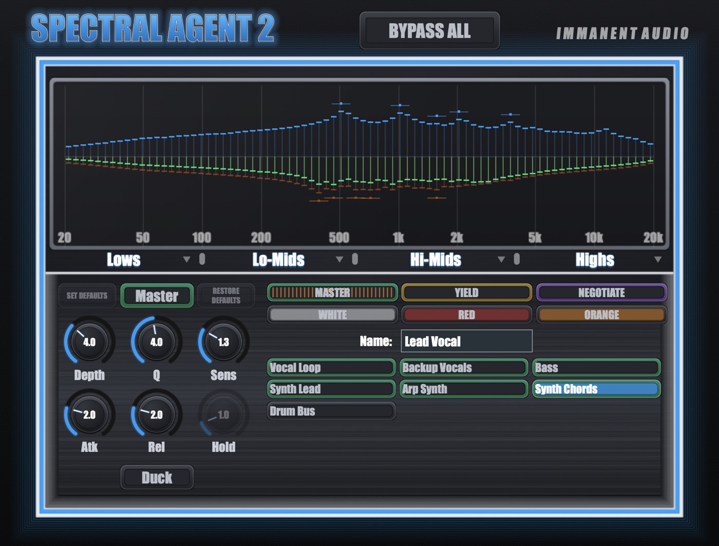 Spectral Agent 2 on a Lead Vocal track set as Master over Synth Chords, with the analyzer showing the vocal above the centre line and the synth below it