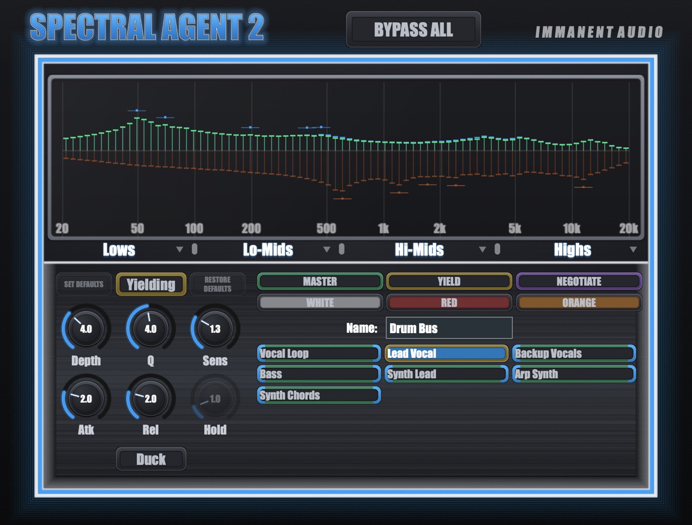 Spectral Agent 2 on a Drum Bus set to Yielding against Lead Vocal, with the green output pulled below the blue input through the mids