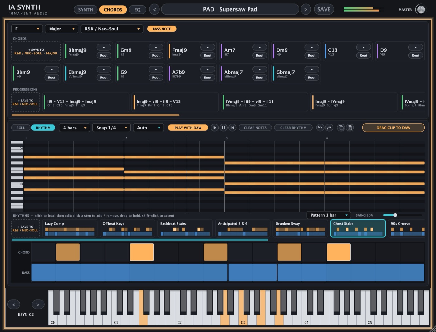 The IA Synth CHORDS page: chord tiles, progressions, a piano roll and the rhythm editor