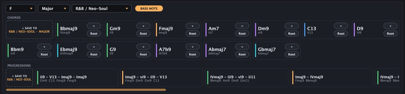 The top of the CHORDS page: key, mode and genre menus, BASS NOTE, chord tiles and progressions