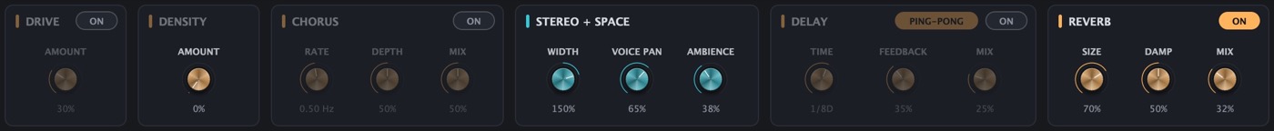 The effects row of the SYNTH page: Drive, Density, Chorus, Stereo + Space, Delay and Reverb
