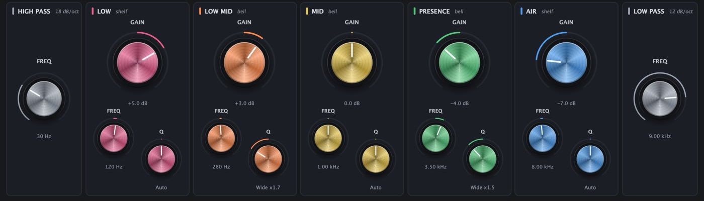 The EQ band knobs: High Pass, Low, Low Mid, Mid, Presence, Air and Low Pass