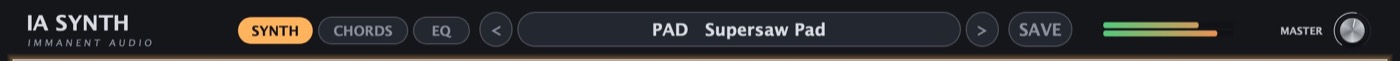 The IA Synth header: SYNTH, CHORDS and EQ tabs, preset arrows, the preset name, SAVE, the output meter and MASTER