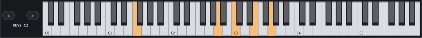 The IA Synth on-screen keyboard with octave buttons