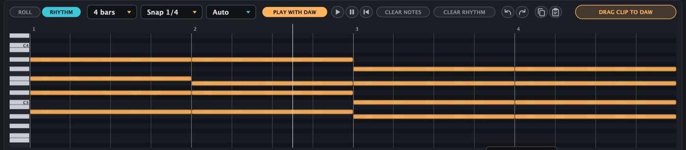 The IA Synth piano roll with a four-bar progression and the transport, PLAY WITH DAW and DRAG CLIP TO DAW controls