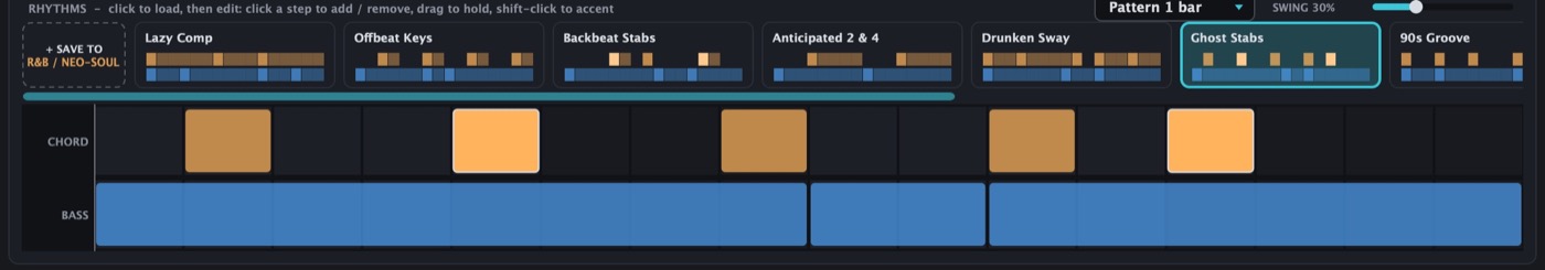 The rhythm editor: groove tiles above the CHORD and BASS step lanes