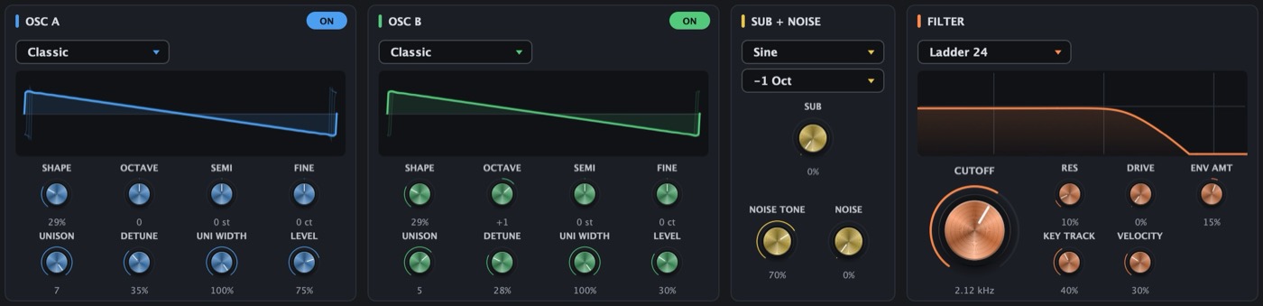 The top row of the SYNTH page: OSC A, OSC B, Sub + Noise and the Filter